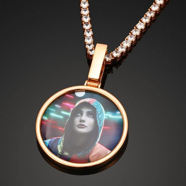 14K Picture Pendant Necklace - Solid Circle Pendant Photo Medallion Necklace - Unique Executive Gifts