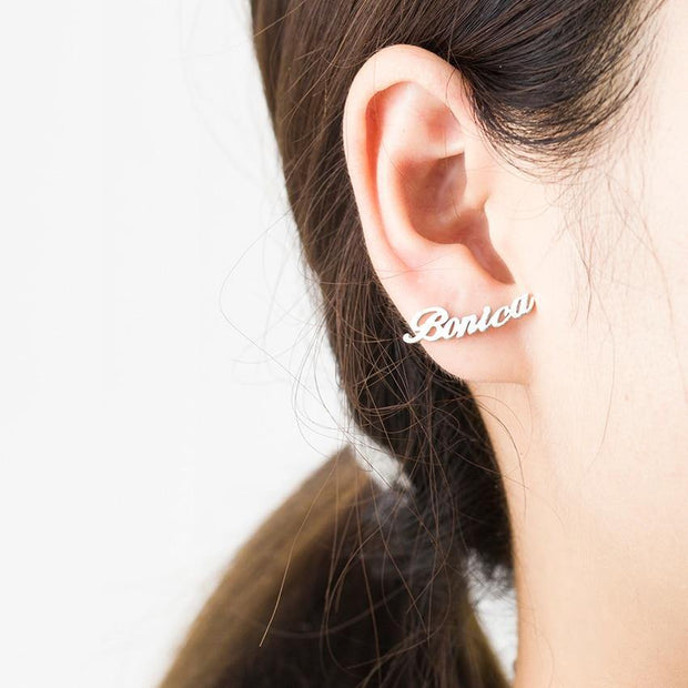 Rose Gold Custom Name Initial Cursive Nameplate Stud Earring For Women - Unique Executive Gifts