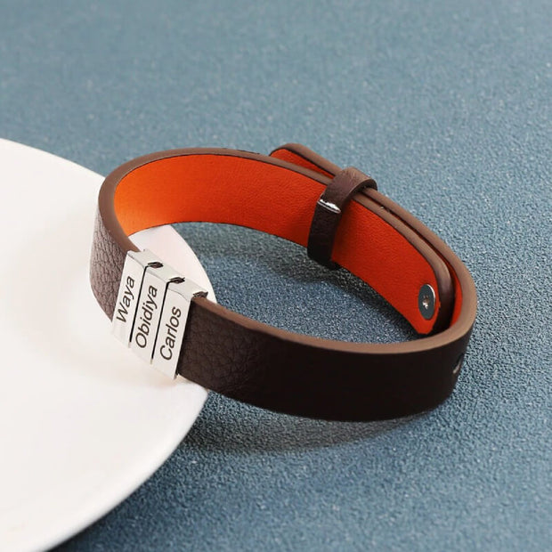 Mens Leather Bracelet With Name Beads