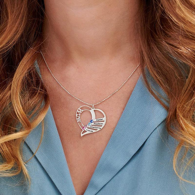 Mom Heart Necklace with Kids Names 925 Sterling Silver - Unique Executive Gifts