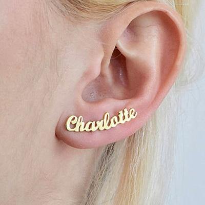 Rose Gold Custom Name Initial Cursive Nameplate Stud Earring For Women - Unique Executive Gifts