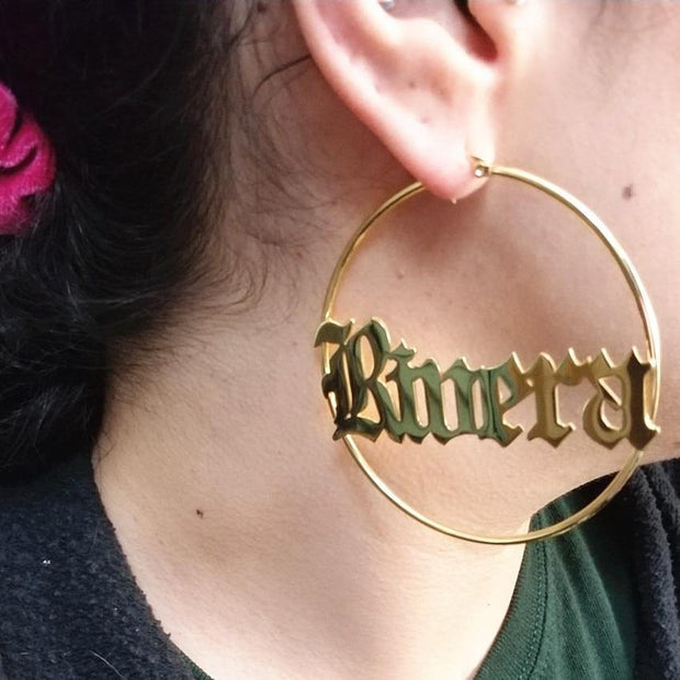 Custom Name Earrings- Old English Font Big Circle Earrings - Unique Executive Gifts